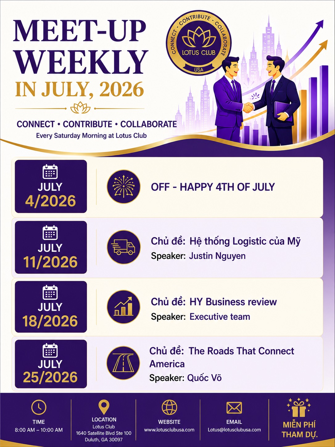 Lotus Club meet-up schedule poster for July 2026.